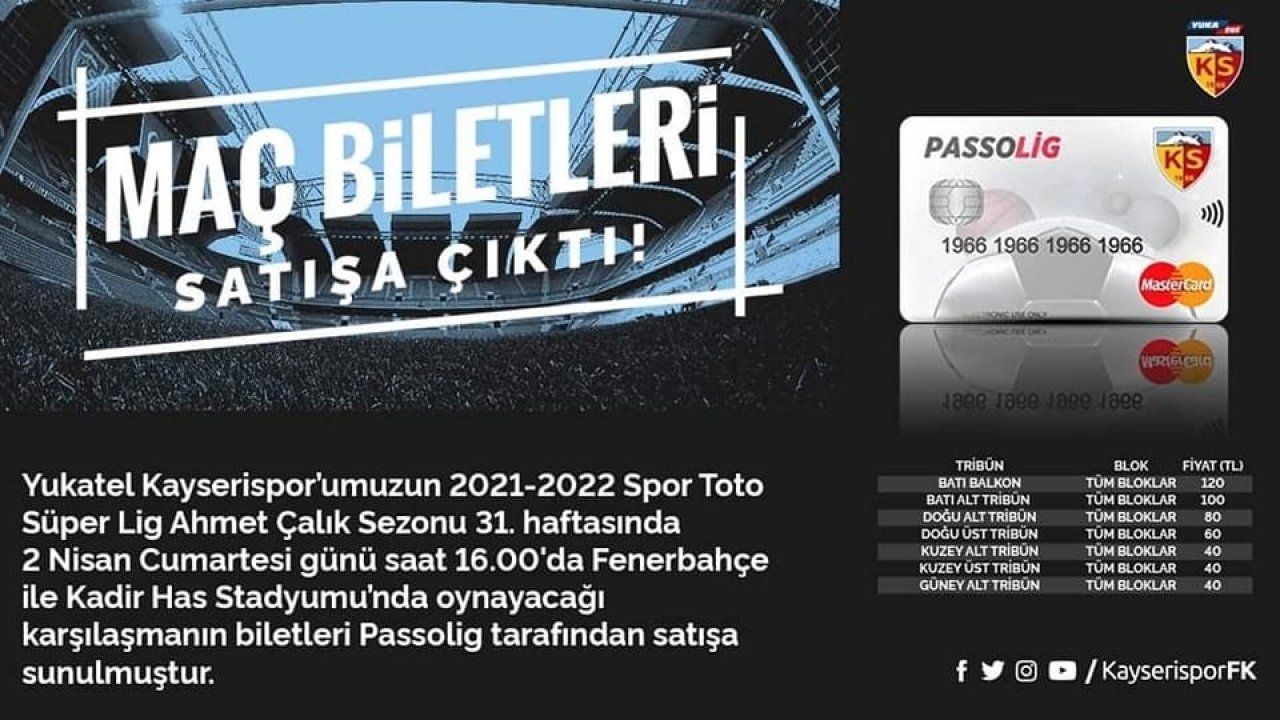 Kayserispor - Fenerbahçe maçının bilet fiyatları belli oldu
