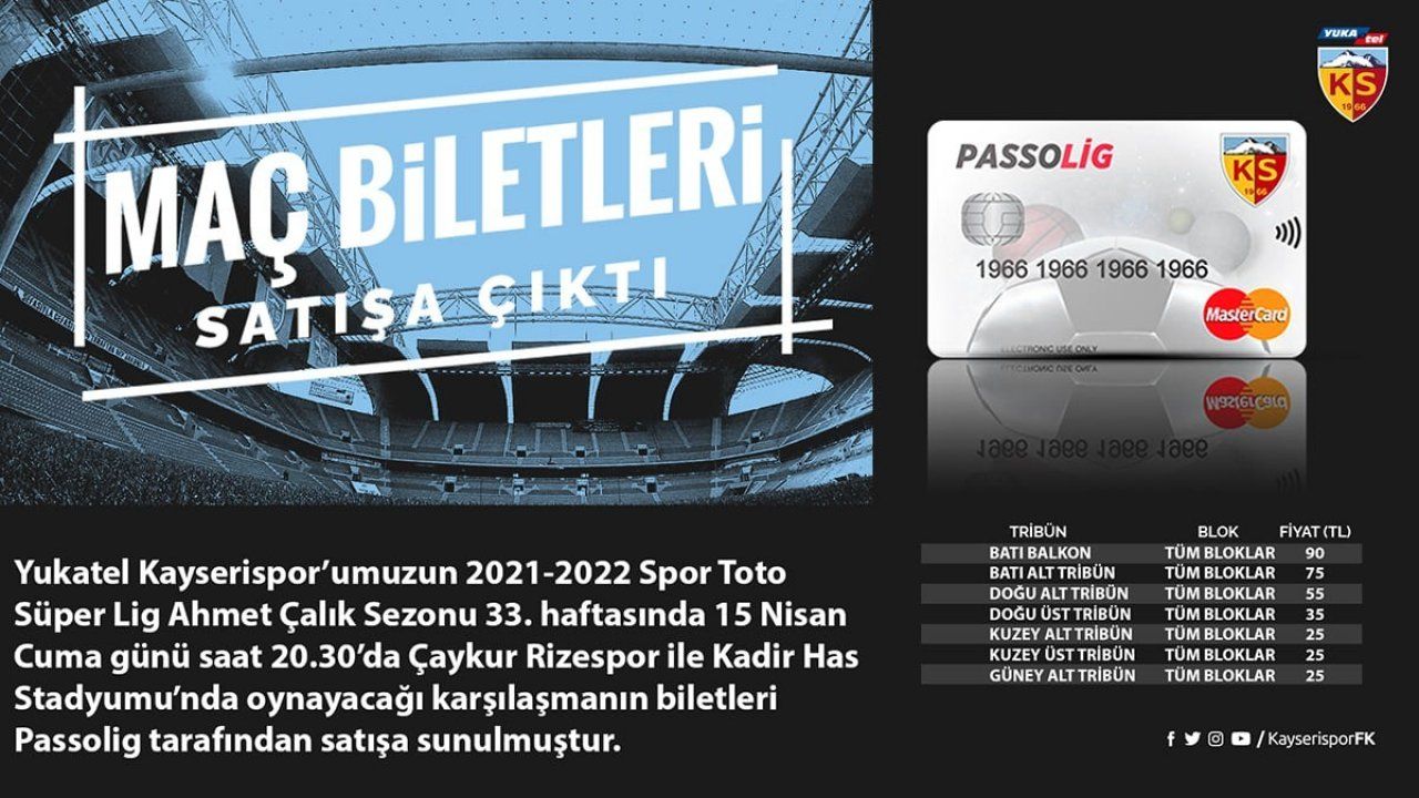 Kayserispor-Rizespor maçının bilet fiyatları belli oldu
