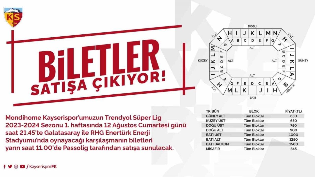 Kayserispor-Galatasaray maç bilet fiyatları belli oldu