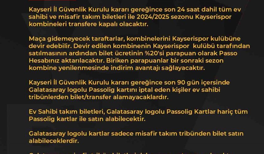 Kayserispor - Galatasaray maçı bilet fiyatları belli oldu